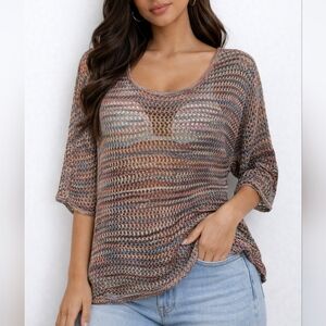 NEW DIRECTIONS Colorful Rainbow Open Crochet Peekaboo Cover-up Top